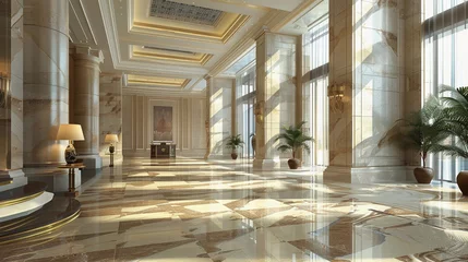 Foto op Plexiglas Modern luxury hotel lobby with shiny reflective marble floor, palm trees and big windows show casing the clam and relaxation for tourist © amila