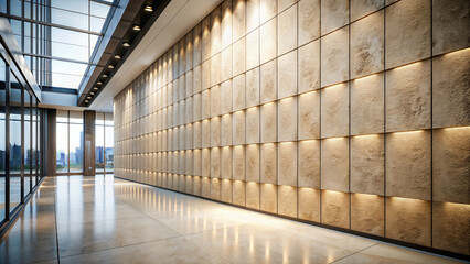 Empty industrial hallway with glass walls and columns in a city office building