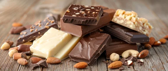Fotobehang Assorted chocolate bars with almonds, hazelnuts, and pistachios, suggesting a variety of milk and dark chocolate options © AlexNeuro