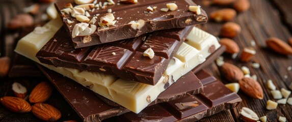 Assorted chocolate bars with almonds, hazelnuts, and pistachios, suggesting a variety of milk and dark chocolate options - obrazy, fototapety, plakaty