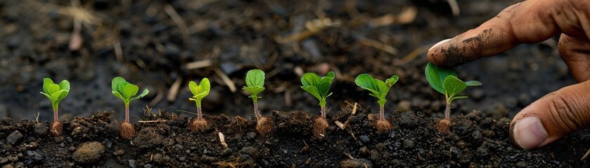 A human finger points to a progression of plant seedlings growing in fertile soil - obrazy, fototapety, plakaty