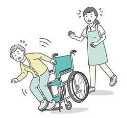車椅子で転倒しそうになる高齢女性と慌てる介護士