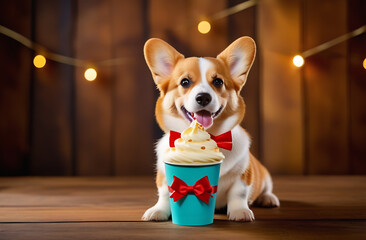 A cute corgi with a cup of coffee with cream on brown background. A beautiful illustration of a funny dog with coffee take away. A concept for advertising a coffee shop and dog friendly cafe.