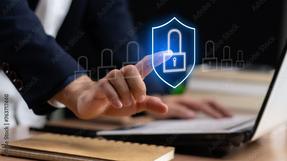 Aufkleber cybersecurity concept global network security technology, business people protect personal informati