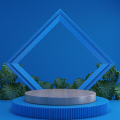 3d background products display blue pedestal with abstract minimal scene, geometric shape vector 3d rendering with podium. tropical plant background, showcase on pedestal display