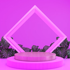 3d background products display pink pedestal with abstract minimal scene, geometric shape vector 3d rendering with podium. tropical plant background, showcase on pedestal display