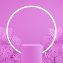 3D background vector with pink cylinder shape product display, abstract green geometric with circle neon light, theme of tropical plant and pink podium platform in natural concept, 3d rendering