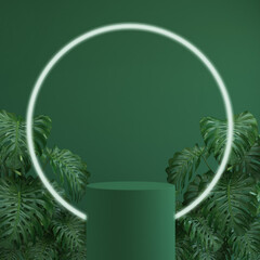 3D background vector with green cylinder shape product display, abstract green geometric with circle neon light, theme of tropical plant and green podium platform in natural concept, 3d rendering