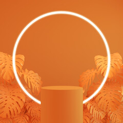 3D background vector with orange cylinder shape product display, abstract green geometric with circle neon light, theme of tropical plant and orange podium platform in natural concept, 3d rendering