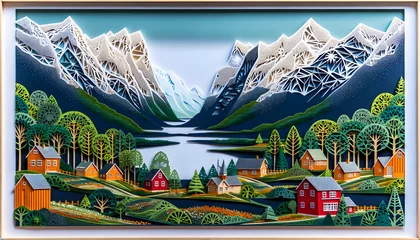 Papier Peint photo Lavable Montagnes the artistic representation of a Northern landscape and village using the technique of punched holes in colored papers, a Northern village scene set against majestic mountains