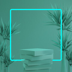 3D background vector with mint cylinder shape product display, abstract green geometric with circle neon light, theme of tropical plant and blue pastel podium platform in natural concept, 3d rendering