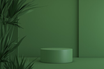 3D background vector with green geometric shape product display, abstract green stage and podium platform, empty minimal showcase for product presentation, advertising display with tree, 3d rendering