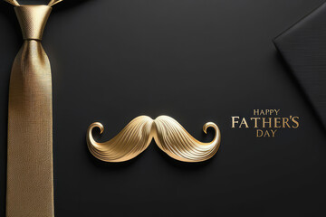 Happy Father's Day, gold mustache and tie on black background.