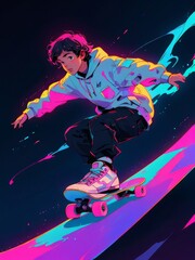 skateboard freestyler illustration in colorful neon style