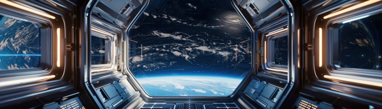 A Modern and sleek space station corridor with panoramic windows overlooking Earth from orbit.