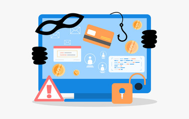 Thiefs hands holding computer with personal data. Vector illustration. Unlocked padlock and warning sign. Identity theft due to cyber attack, data security concept