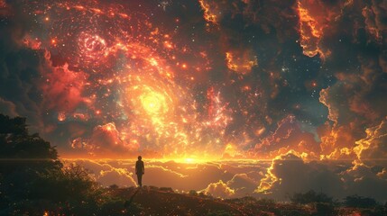 A landscape with a person standing in the center their body outlined in a glowing pulsating light that blends with the natural environment around them. This image highlights