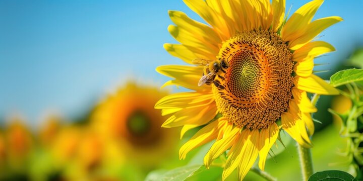 Vibrant Sunflower in Full Bloom with a Busy Bee Collecting Pollen Under a Beautiful Blue Sky and Fluffy White Clouds on a Sunny Summer Day