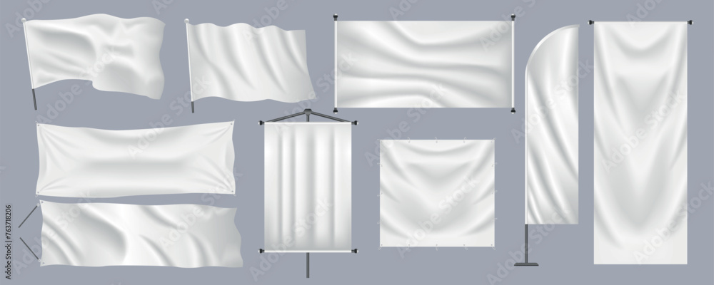 Poster Realistic textile banners mega set in flat graphic design. Bundle elements of different shapes of empty white flags, hanging posters, promotion sheets with poles. Vector illustration isolated objects