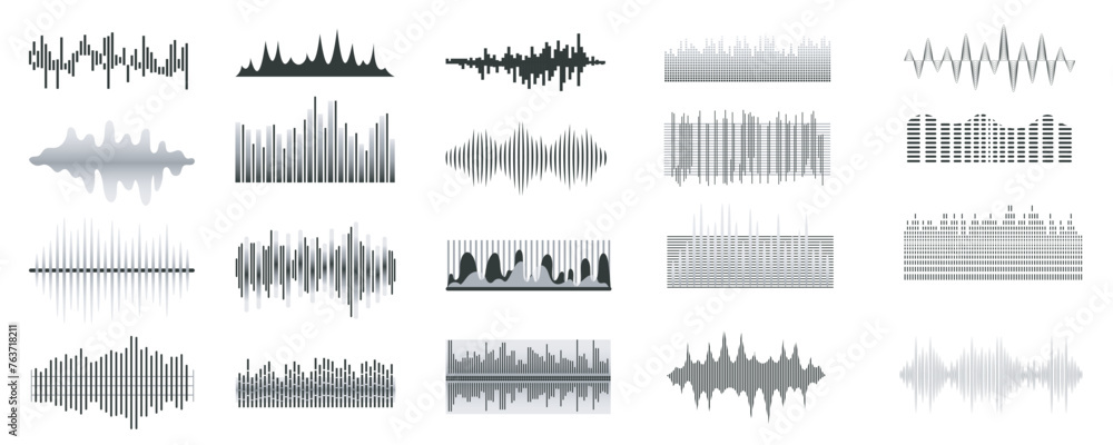 Leinwandbilder sound waves mega set in flat graphic design. bundle elements of abstract black lines radio frequency