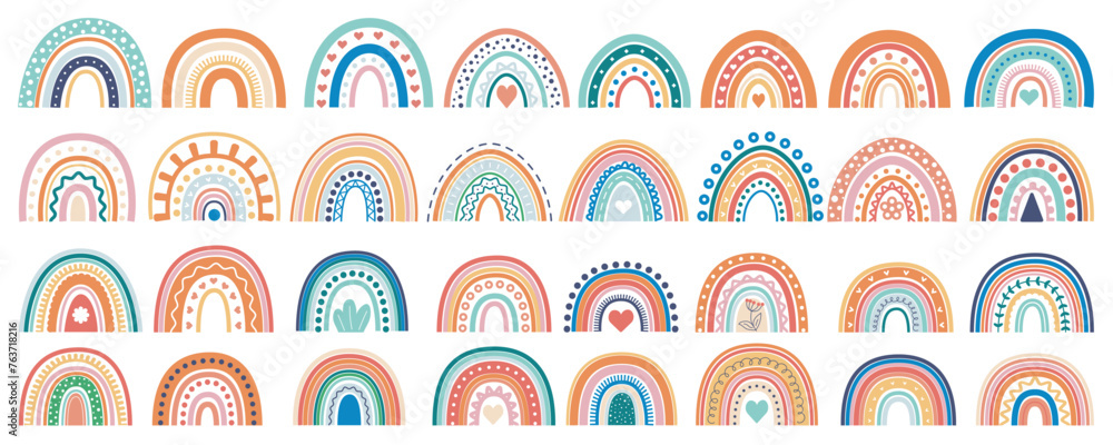 Poster summer rainbows mega set in flat graphic design. bundle elements of abstract cute rainbows with orna