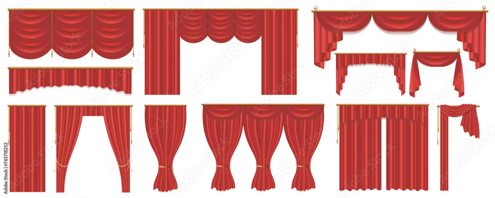 Poster realistic red curtains mega set in flat graphic design. bundle elements of different border shapes o