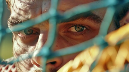 A shot of a goalkeepers focused eyes as they anticipate a breakaway from the opposing team. - obrazy, fototapety, plakaty