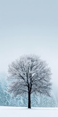 A lonely snow-covered tree in the snow, in winter, 3d, background image for mobile phone, ios, Android, banner for instagram stories, vertical wallpaper.