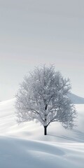 A lonely snow-covered tree in the snow, in winter, 3d, background image for mobile phone, ios, Android, banner for instagram stories, vertical wallpaper.