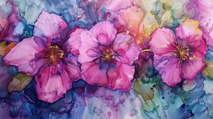 Illustration of multicolored flowers, watercolor liquid paint, golden contour, texture pattern, marble, abstract wallpaper