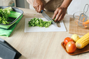 Man's hand cutting lettuce in pieces with knife on chopping board while preparing salad at home