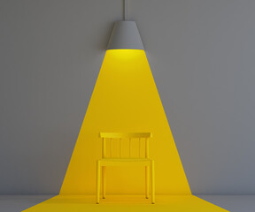 Creative design of yellow light beam on minimal armchair, spotlight on minimal chair and gray wall, interior design abstract with lamp, 3d rendering