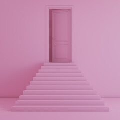 3d background pink interior design with door and steps, pink abstract with open door, monochrome architecture, 3d rendering