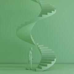 3D background in green spiral steps, a man walking near stairs,  abstract background in pastel colors, vector steps rendering platform design, empty space green conceptual wall, 3d rendering