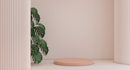 3D background cosmetic product display and platform, podium and vector rendering in beige wall, product presentation mockup, abstract scene with tropical plant, round stage showcase, 3d rendering
