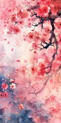 Cherry blossoms, watercolor drawing, texture, 3d, background image for mobile phone, ios, Android, banner for instagram stories, vertical wallpaper.