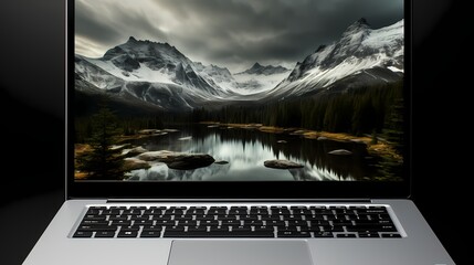 An open white laptop mockup on a deep black surface, highlighting the keyboard and screen in...
