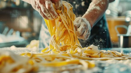 Woman chef process of making cooking homemade pasta. Make fresh italian traditional pasta. - obrazy, fototapety, plakaty