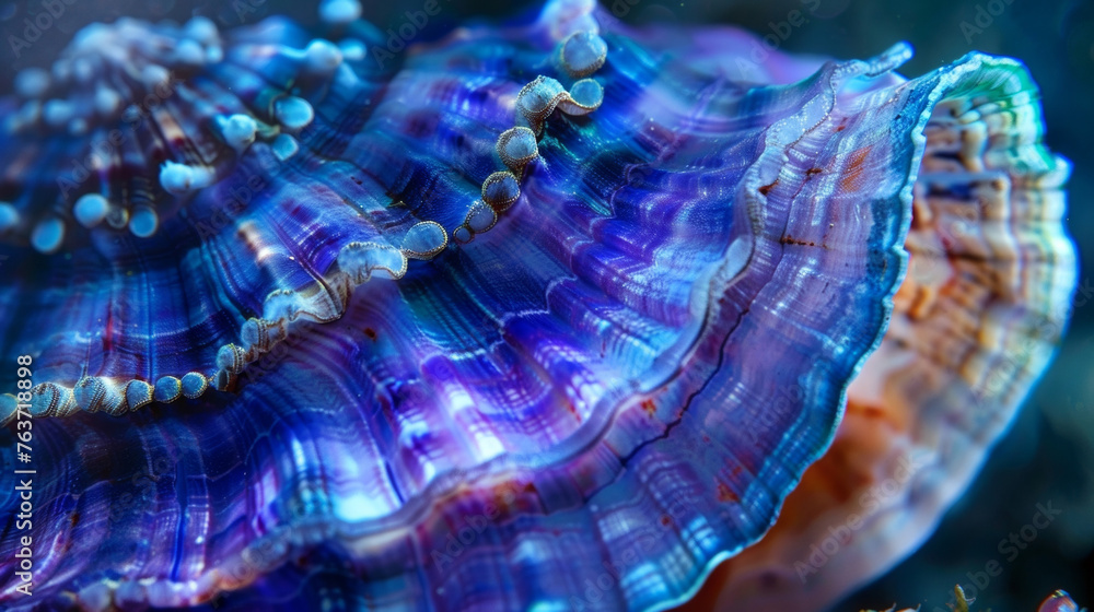 Poster the striking blue and purple hues of a seashell are on full display in closeup shot. its sy layered 
