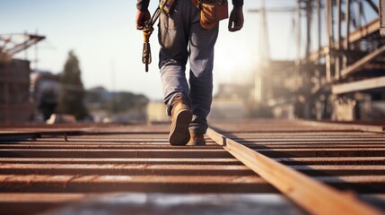 Close up of worker walking on metal platform at construction site. - obrazy, fototapety, plakaty