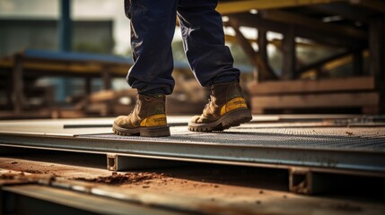 Close up of worker walking on metal platform at construction site.