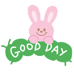 GOOD DAY letters with pink bunny for font, typography, card, print, cartoon character, comic, mascot, plush toy, doll, cute patches, animal sticker, pet shop, vet, store, easter, love sign, web button