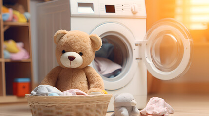 laundry art creativity  of white toy teddy with cleaning product background - obrazy, fototapety, plakaty