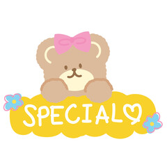 SPECIALS letters with teddy bear for card, print, cartoon character, comic, mascot, plush toy, doll, cute patches, animal sticker, pet shop, vet, store, online shopping, web button, heart sign, flower