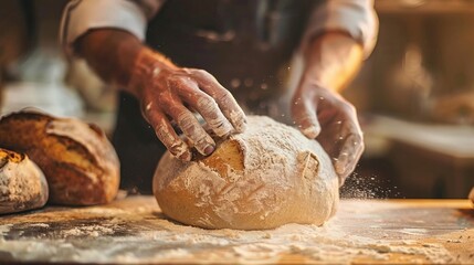 An Artisan baker hand-flouring a fresh bread dough on a wooden kitchen countertop - obrazy, fototapety, plakaty