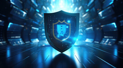 Data Security System Shield Protection Verification Concept with computer blue hologram scanning on business data and all technology wallpaper created with Generative AI Technology - obrazy, fototapety, plakaty
