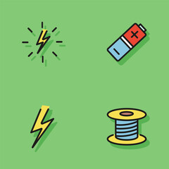 Electricity line icon set. Battery, spool with wires, lightning. Energy concept. Can be used for signboards, technology, electronics, power