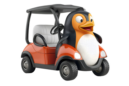 A vibrant 3D cartoon portrayal of a happy penguin behind the wheel of a golf cart.