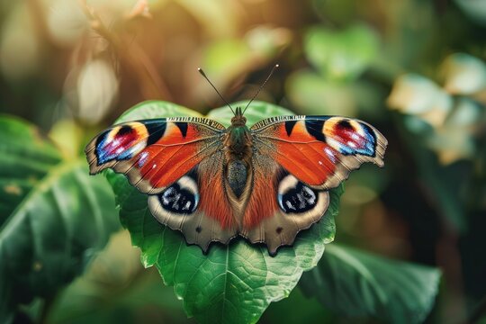 Closeup of a colorful butterfly on a green leaf with a blurred background. Perfect for nature and wildlife photography collections.