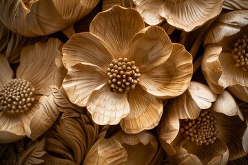A detailed photograph capturing the artistry of an exquisite wooden floral carving, each delicate petal and intricate detail revealed in high definition, highlighting masterful craftsmanship. 